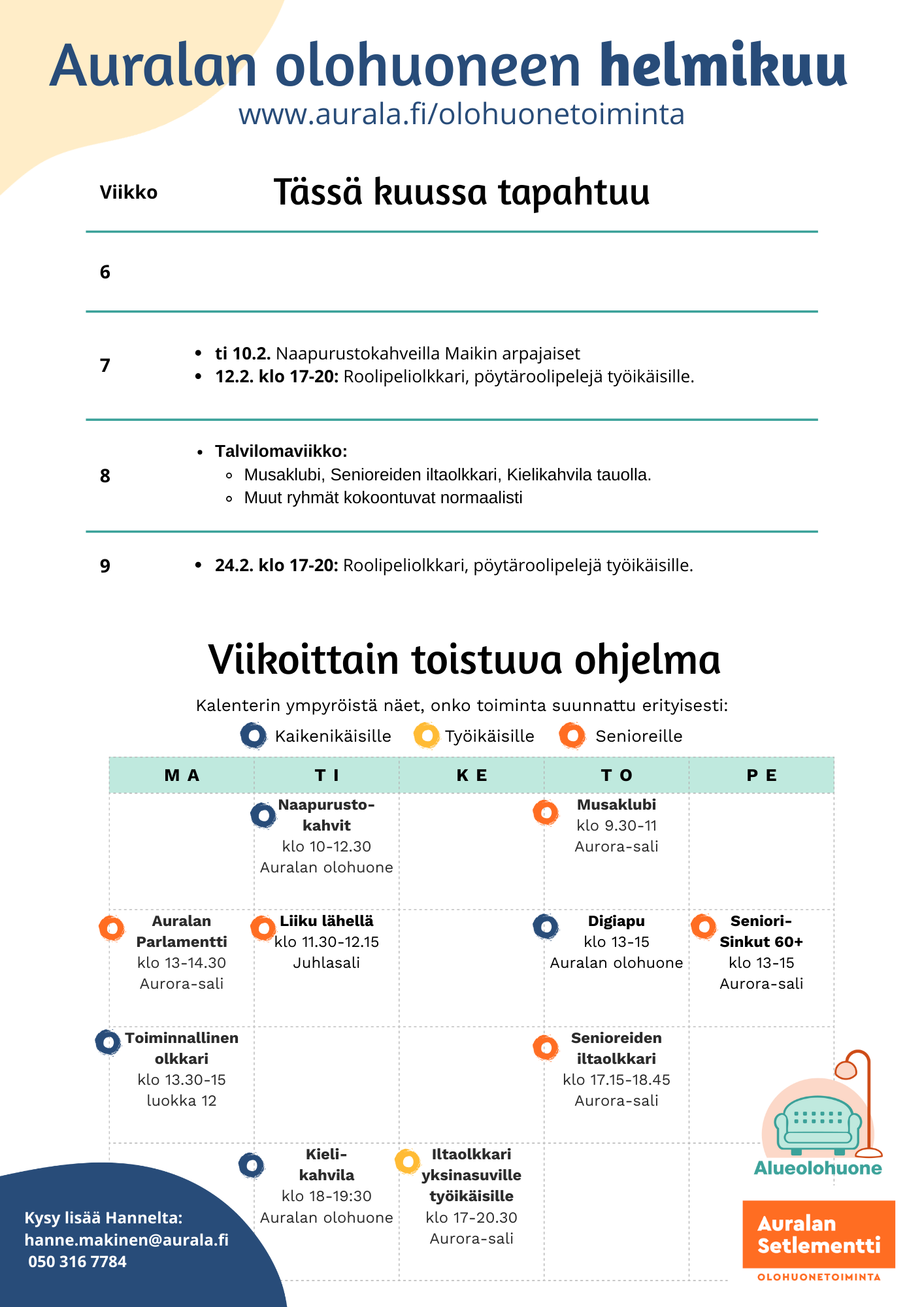 Olohuonetoiminnan helmikuun kuukausikalenteri